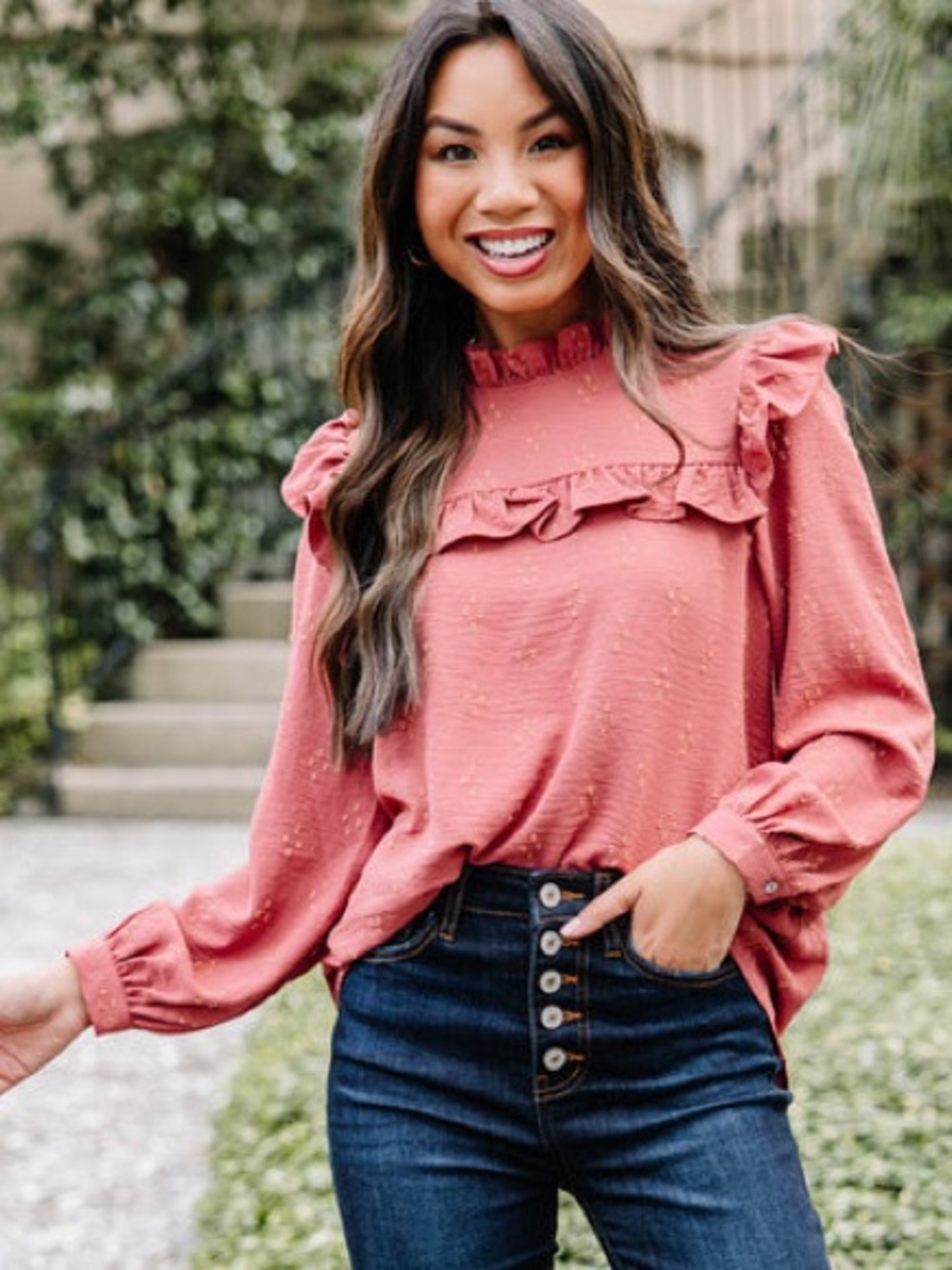 Mauve Swiss Dot Ruffle Blouse High Neck Long Sleeve Romantic Top